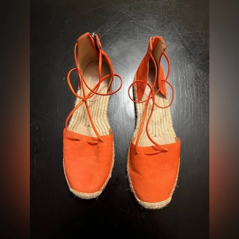 Eileen Fisher strap Espadrilles Women’s Size 8.5 leather orange flat shoes zip.